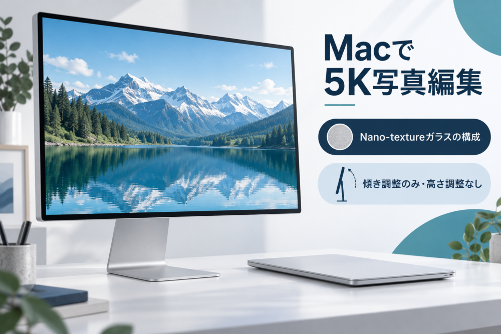 Macで使う5Kモニターと傾き調整スタンドの構成イメージ