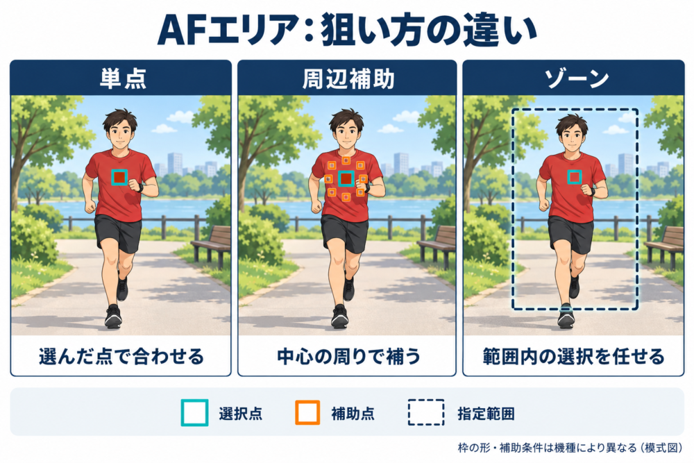同じ人物に対して単点、周辺補助、ゾーンを設定する模式図
