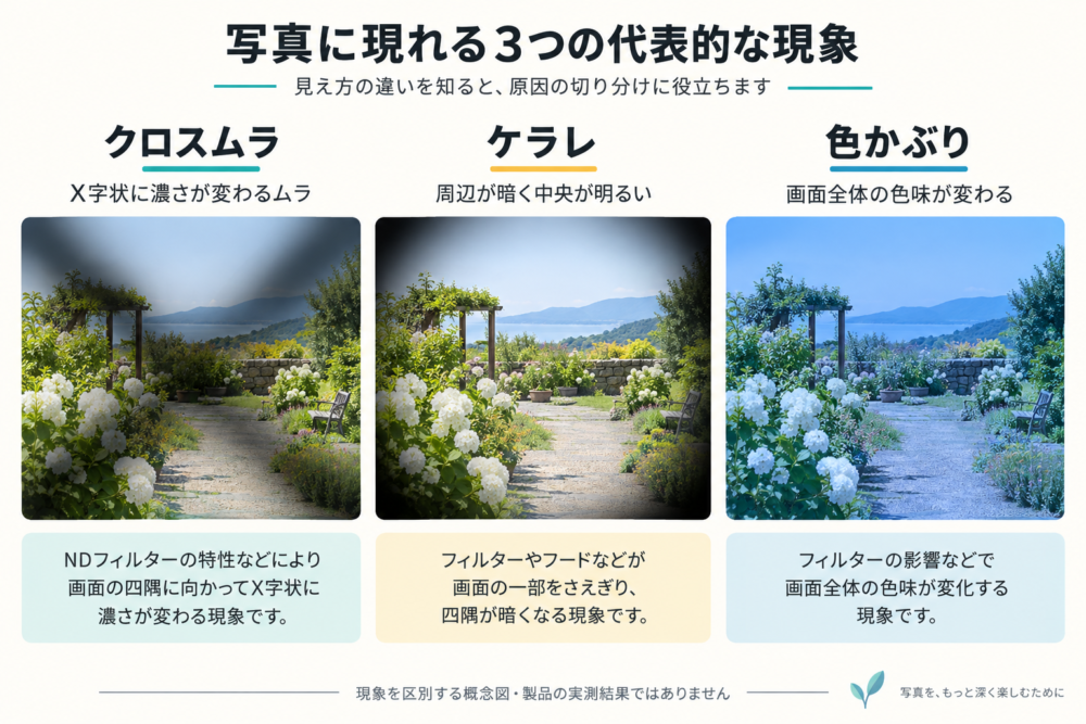 X状のムラと四隅のケラレと色かぶりを区別する概念図