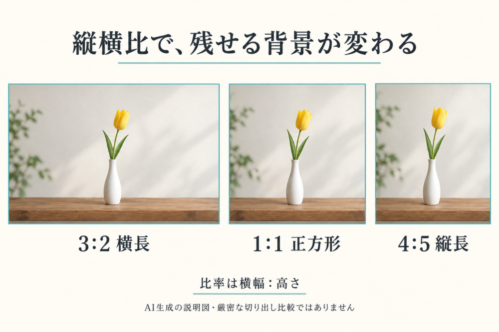 花瓶の周辺を横長・正方形・縦長に残す縦横比の比較