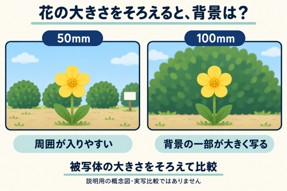 花のサイズは同じなのに背景が変わる見え方を示す概念図