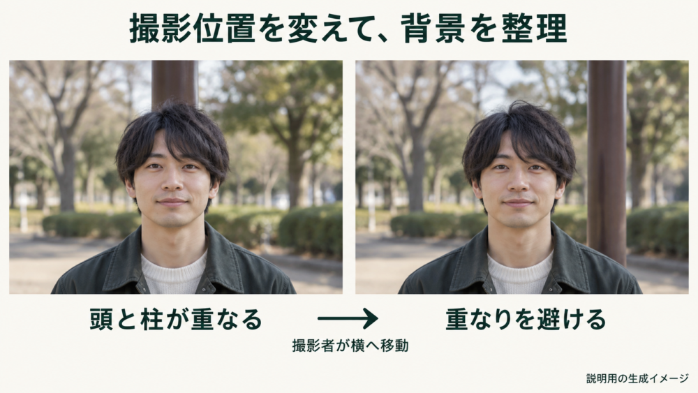 撮影位置を横に変えて人物の頭と背景の柱の重なりを避ける例