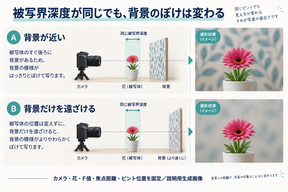 カメラと花を固定して背景だけを離す配置と、背景のぼけ方の比較イメージ