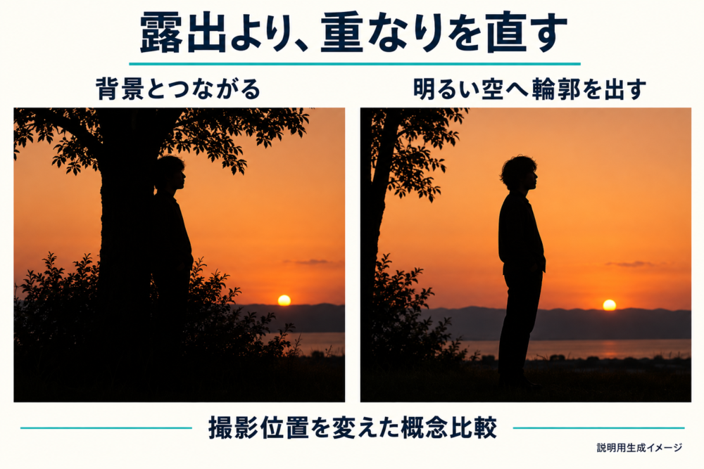 背景の木と人物が重なる場合と撮影位置をずらした場合の比較