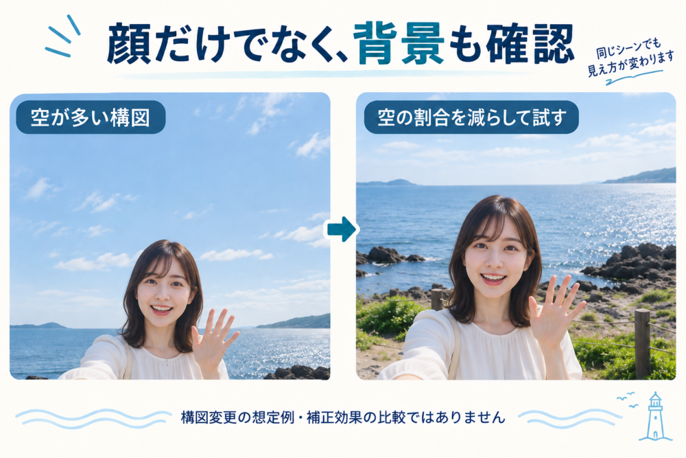 自撮りで空の割合を減らして背景を確認する構図変更の想定例