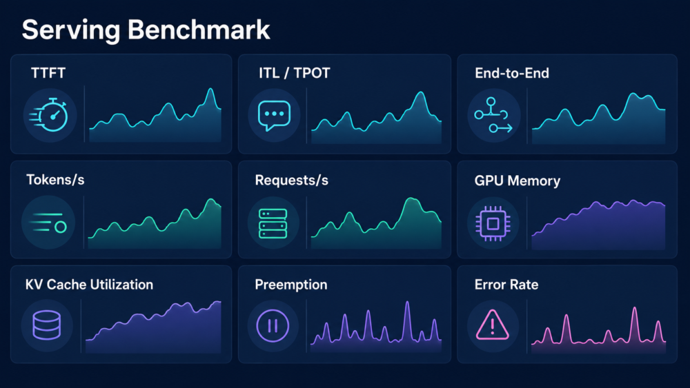 TTFT、ITL、throughput、GPU memory、preemption、error率を同じworkloadで測るbenchmark dashboard