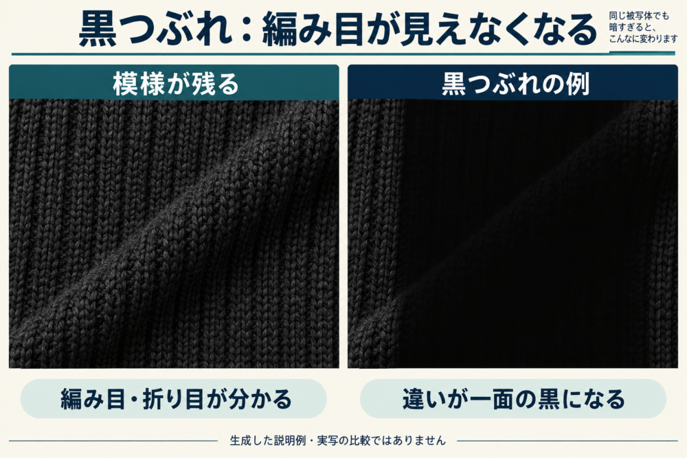 黒い布の編み目が残る状態と黒つぶれで見えなくなる状態の説明例