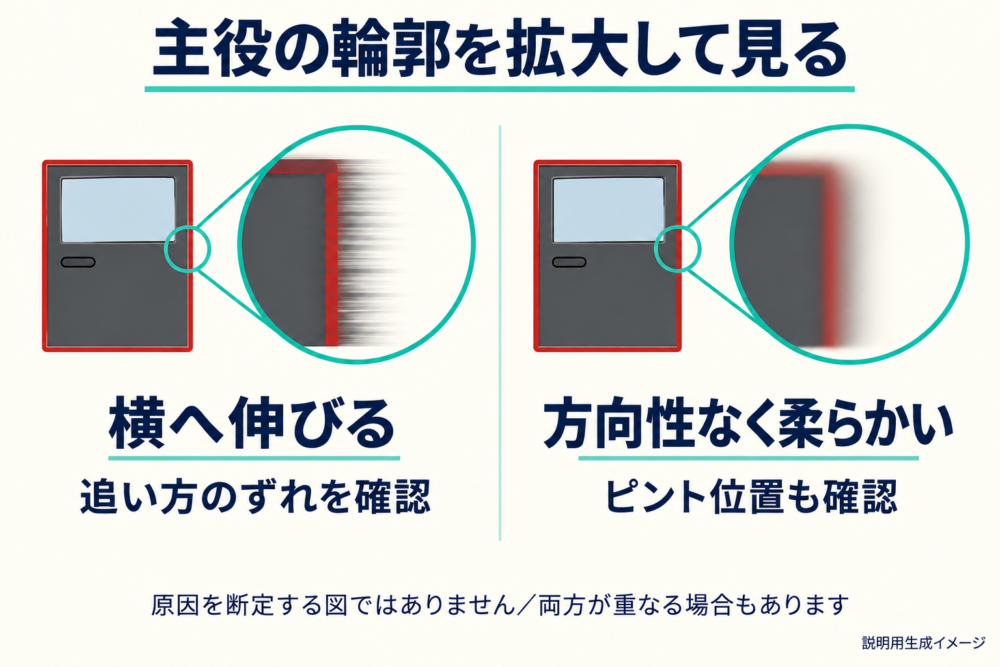 追従のずれとピント外れによる輪郭の違いを拡大した模式比較
