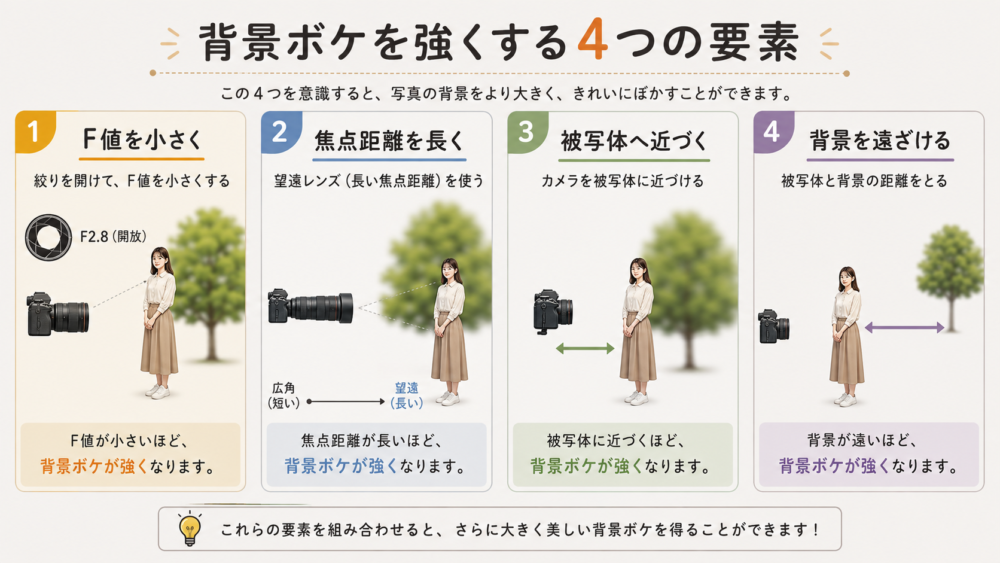 背景ボケを強くするF値・焦点距離・撮影距離・背景距離の4要因