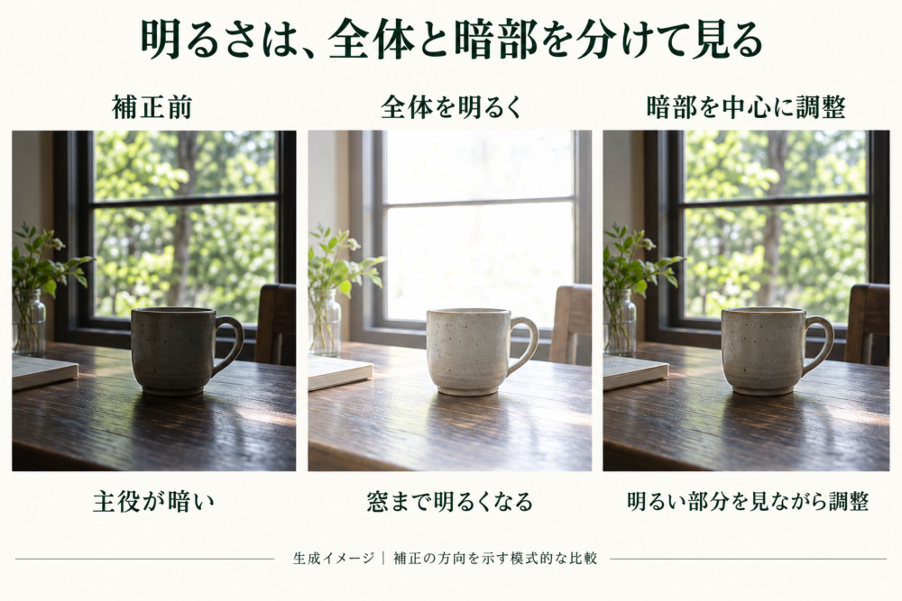 窓辺のカップで全体の明るさ補正と暗部中心の補正を比べる生成例
