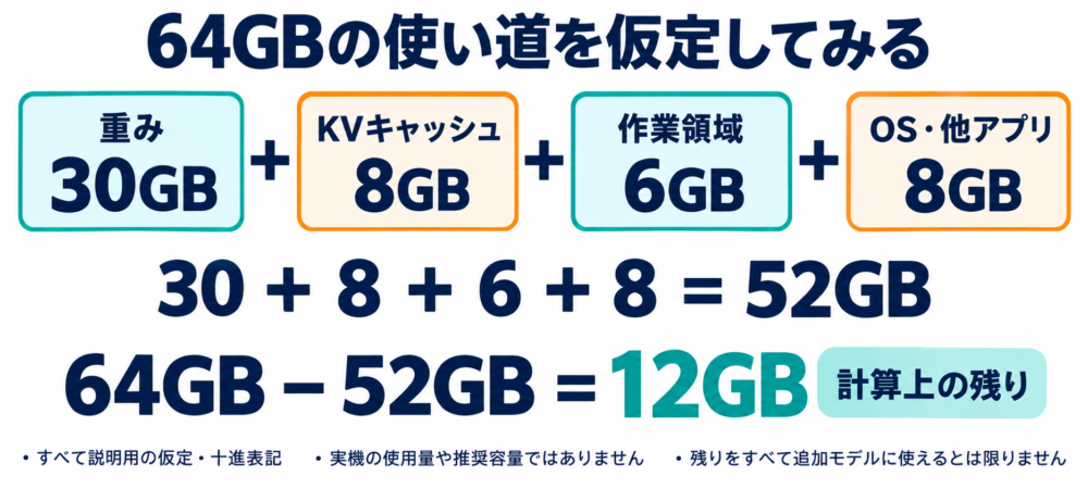 64GBから重み30GB・KVキャッシュ8GB・作業領域6GB・OSなど8GBを引く説明用計算