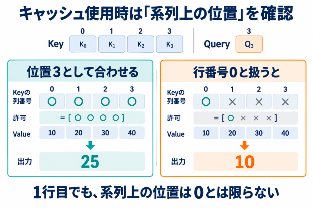 キャッシュ使用時のQuery絶対位置3と左上基準のマスクを比較する図
