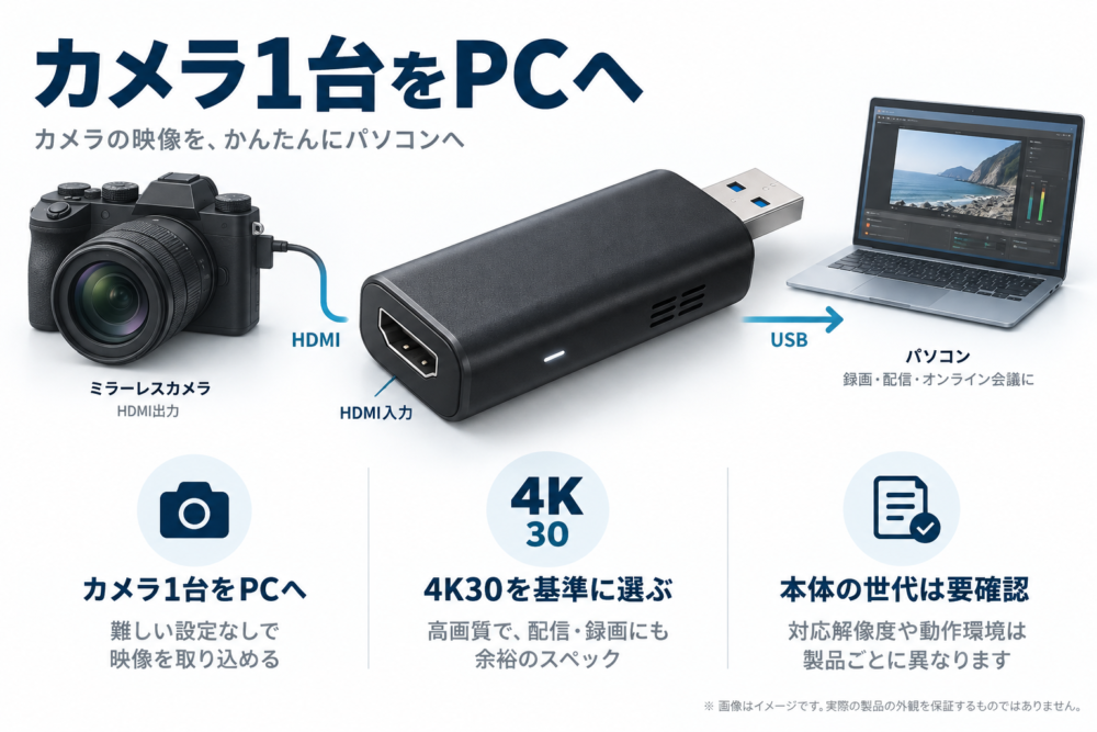 スティック型機器でカメラ1台をPCへ取り込むイメージ