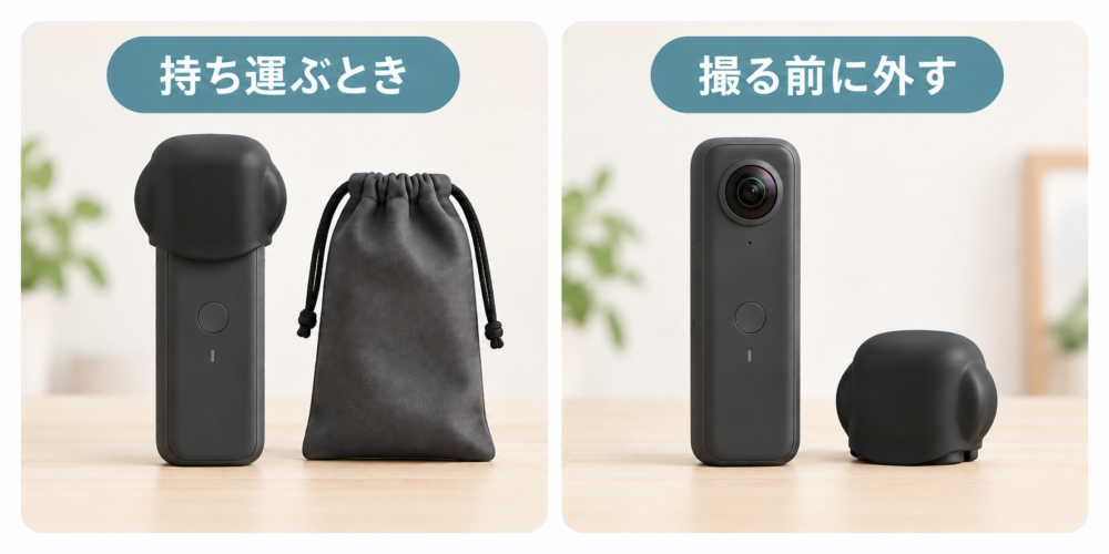 保管時と撮影時の着脱を示す使用想定図
