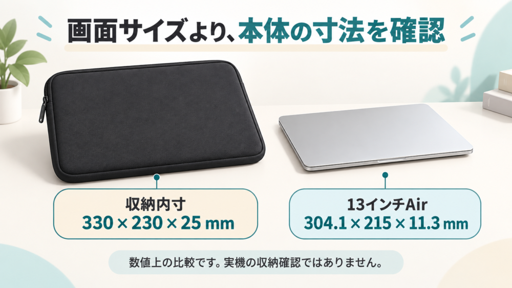 クッションケースとMacBookの寸法を別々に確認するイメージ