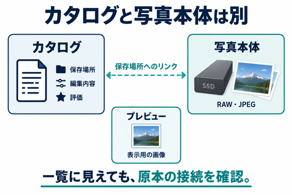 カタログの記録とSSD内の原本を保存場所のリンクで結ぶ概念図