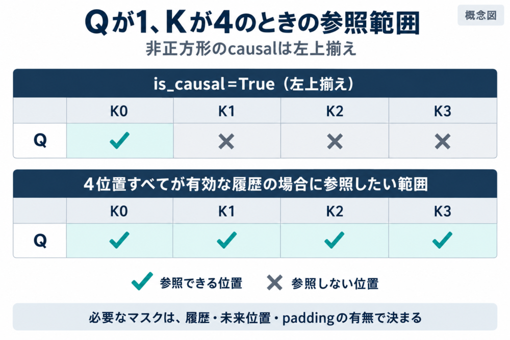 Qが1でKが4の左上揃えcausalと全履歴が有効な場合の参照範囲