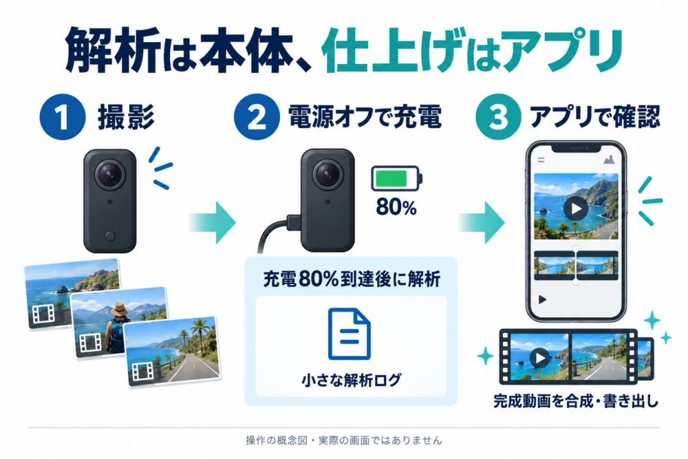 本体での素材解析とアプリでの動画合成・書き出しの役割分担