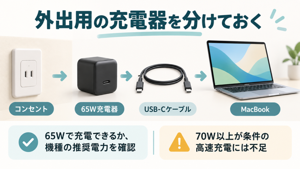 65WのUSB-C充電器をコンセントからMacBookへつなぐ想定図
