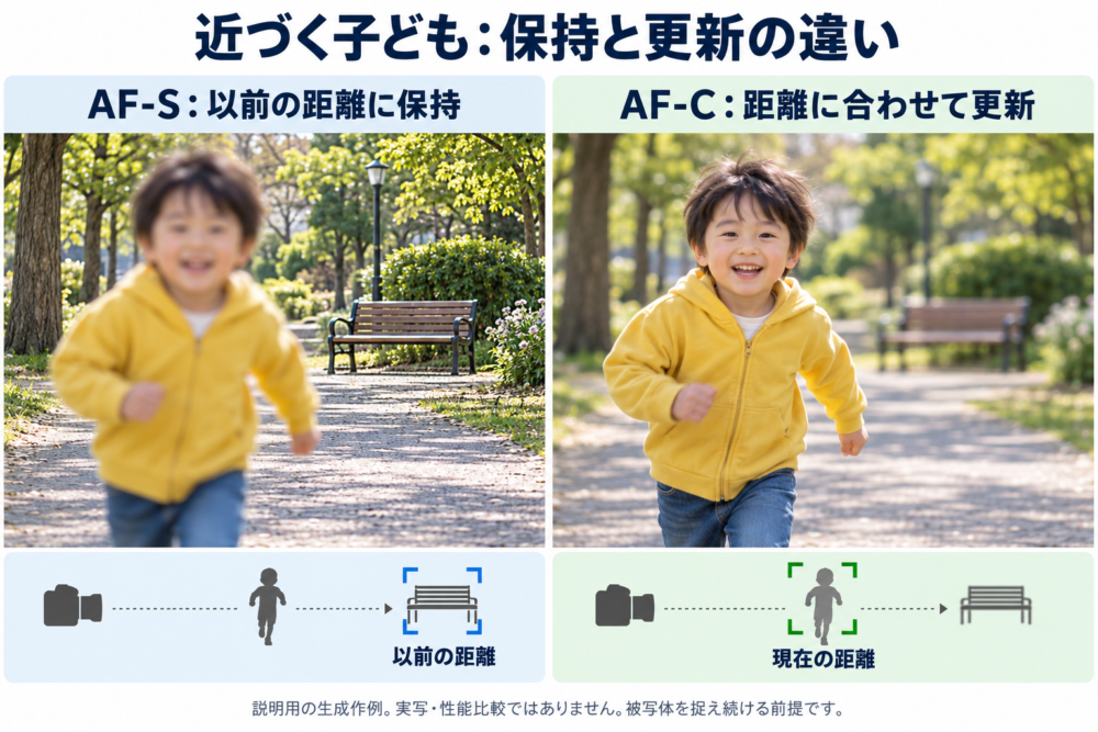 同じ接近場面で以前の距離にピントを保持した場合と更新した場合の想定作例