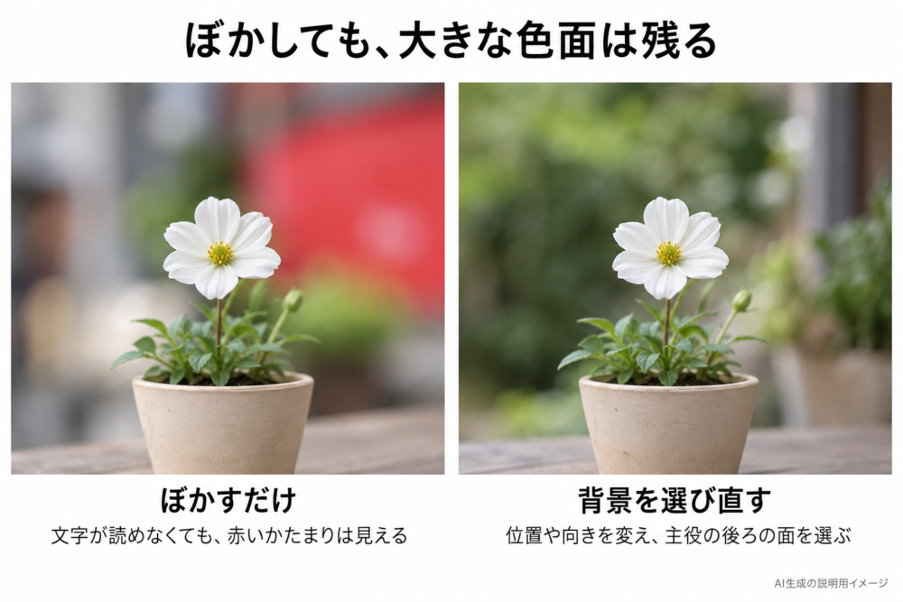 背景をぼかしても赤い色面が残る例と撮影方向を変えて緑を選ぶ例