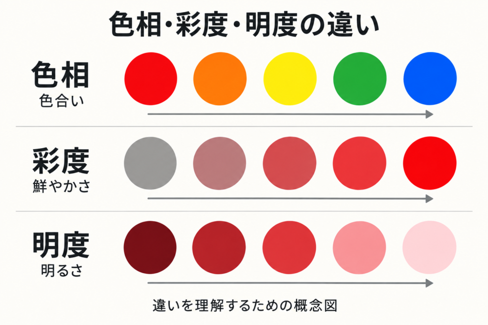 色相は色合い、彩度は鮮やかさ、明度は明るさを示す三行の概念図