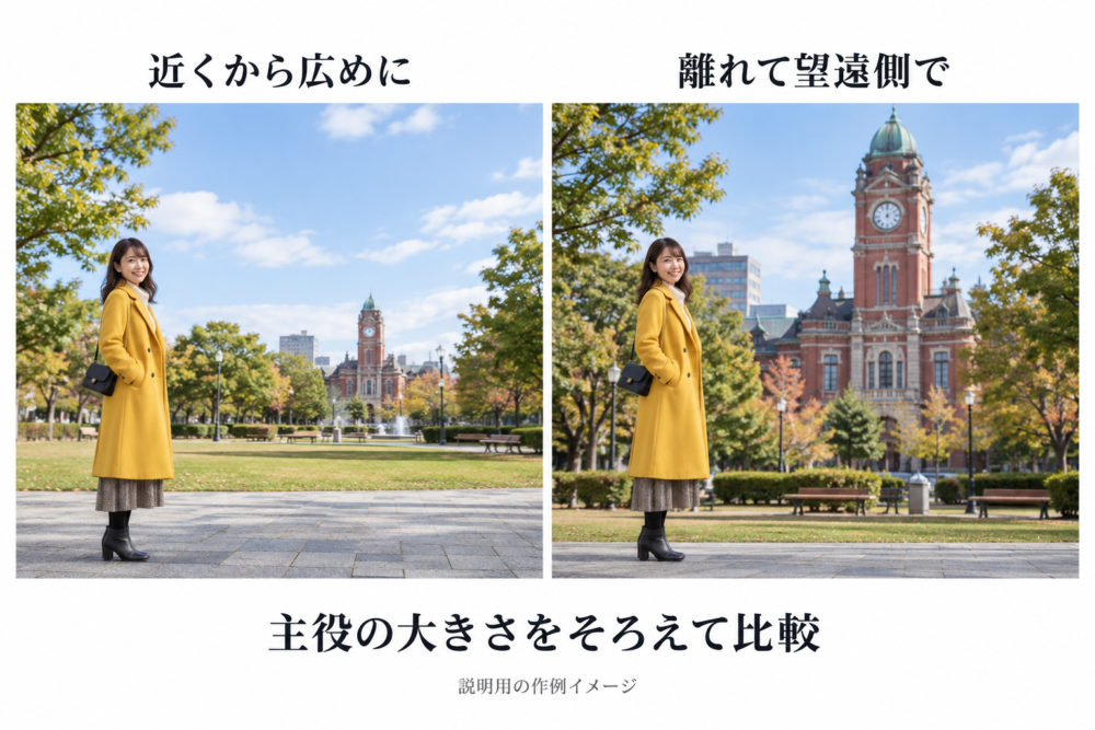 人物の高さをそろえて、背景の塔が小さい写真と大きい写真を左右で比較する作例イメージ