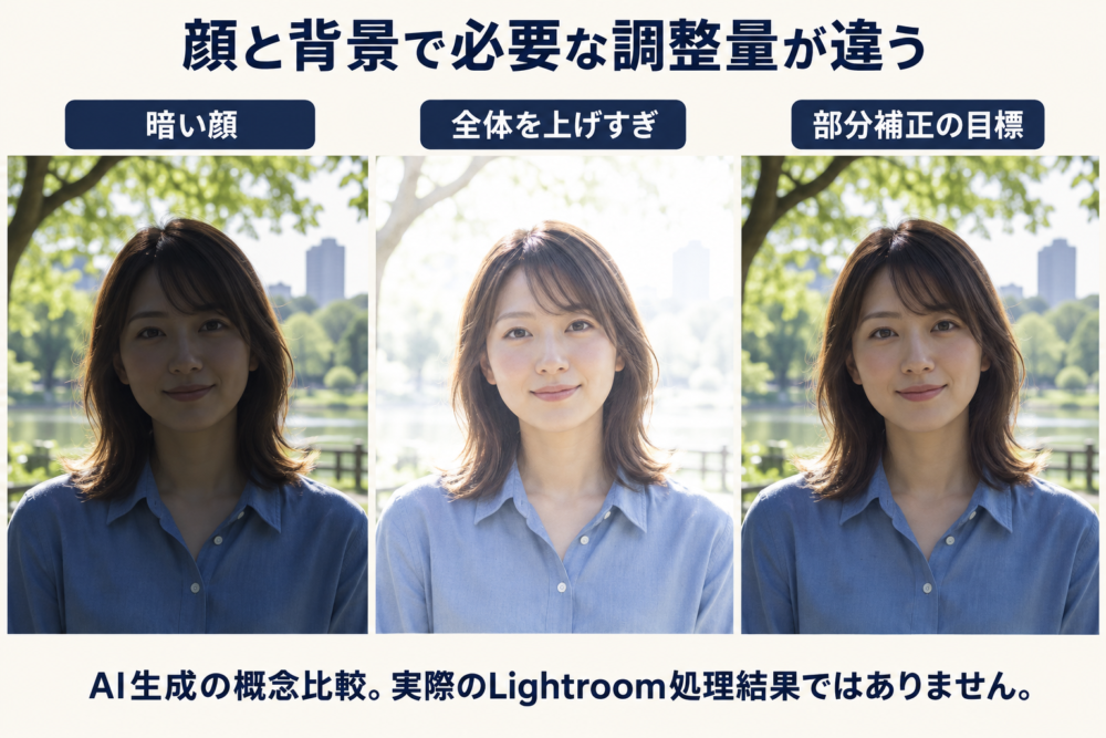 全体補正と顔を分けた補正で背景の見え方が変わる概念比較