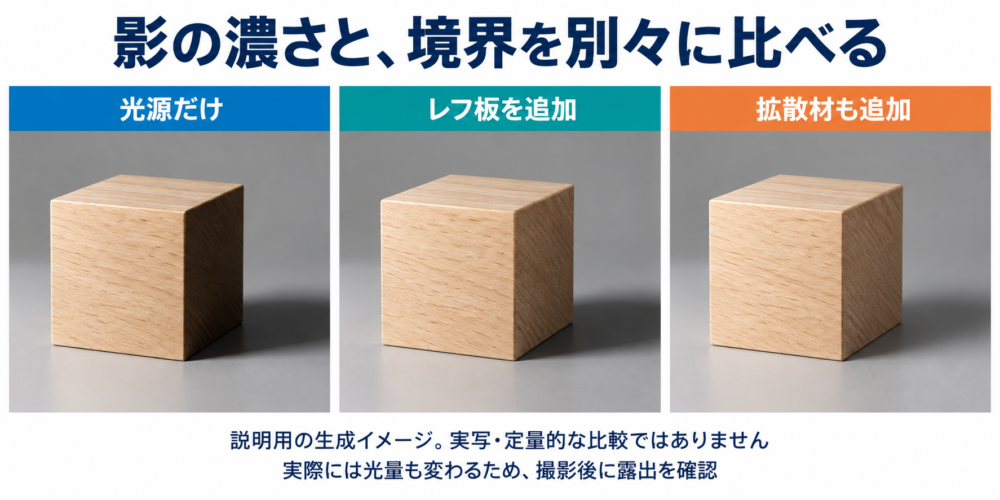 光源だけ、レフ板追加、拡散材追加で陰影の変化を比べる生成作例イメージ