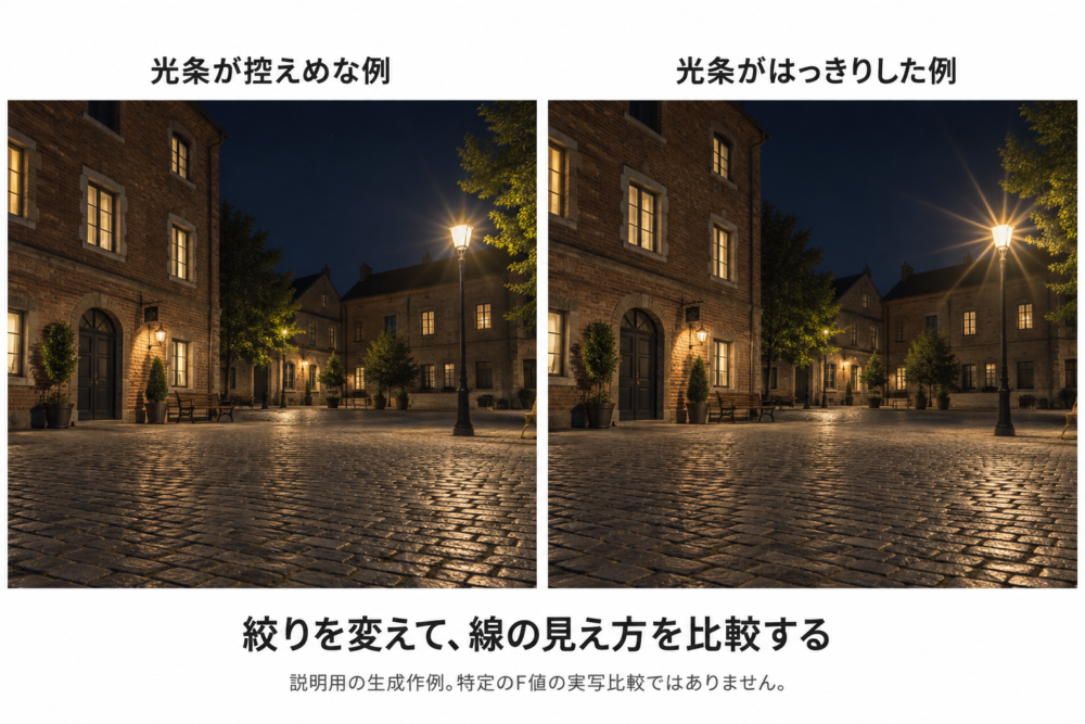 同じ夜の小さな広場と街灯を左右比較。左は短く控えめな光の筋、右は同じ街灯から長く鋭い放射状の筋。全体の明るさと構図を揃え、F値を特定しない。