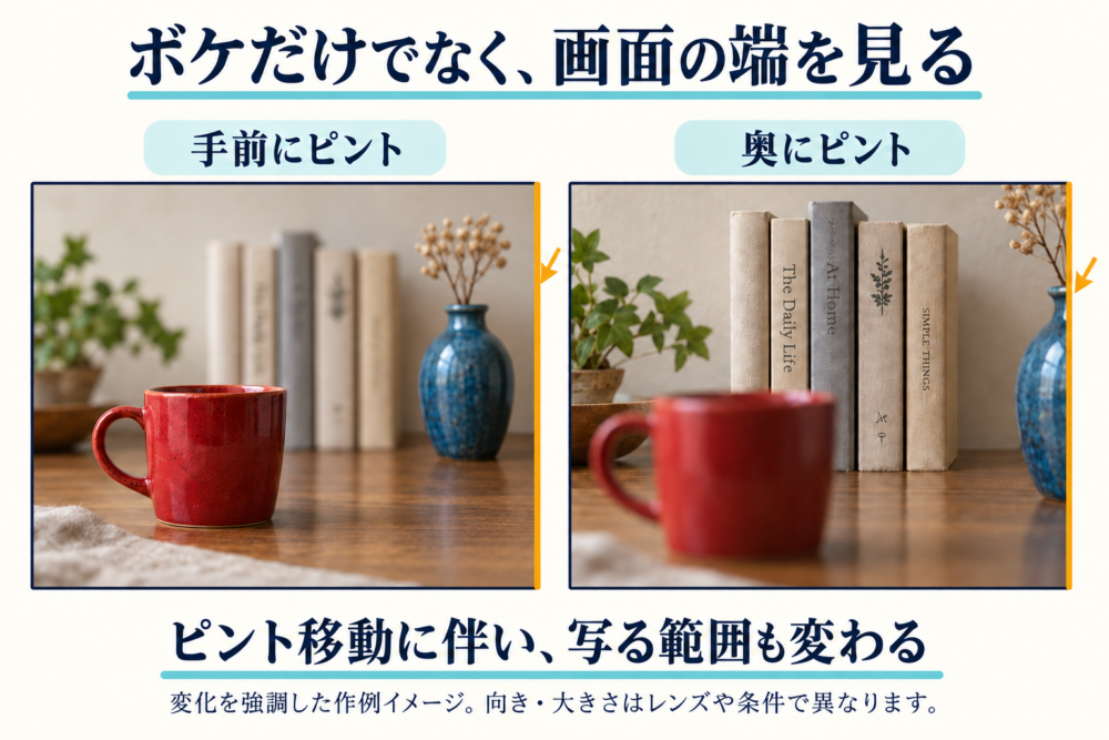手前のカップと奥の本にピントを移したとき、右端の花瓶の位置も変わる作例イメージ