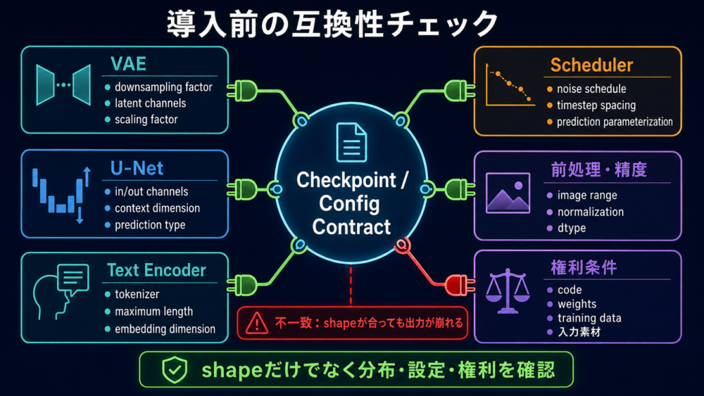 VAE・U-Net・Text Encoder・Scheduler・前処理・権利条件の互換性checklist