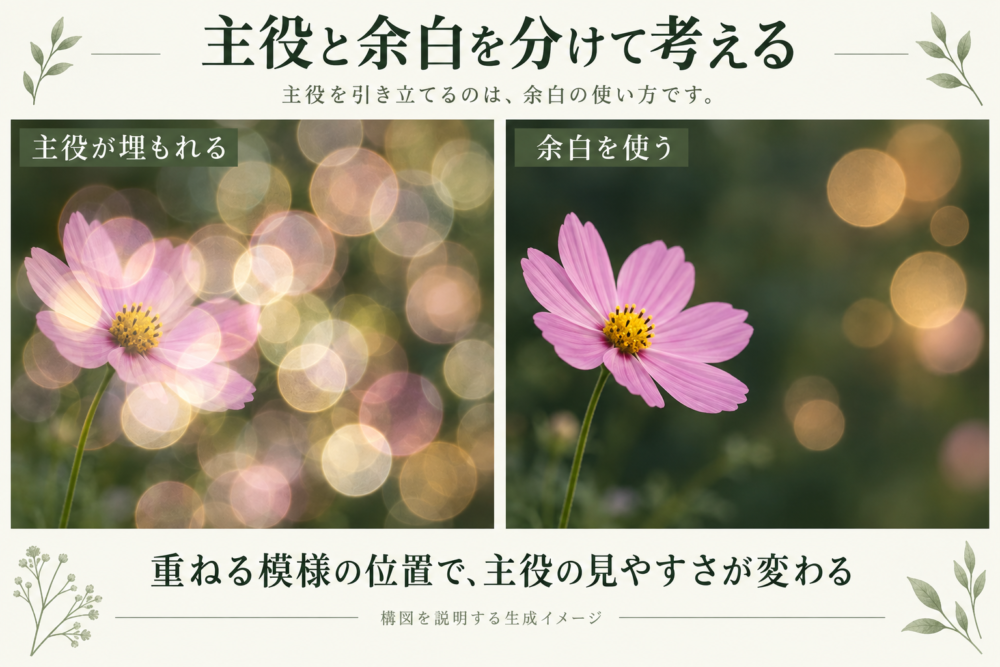 玉ボケが花に重なりすぎた例と余白を使った例の生成比較