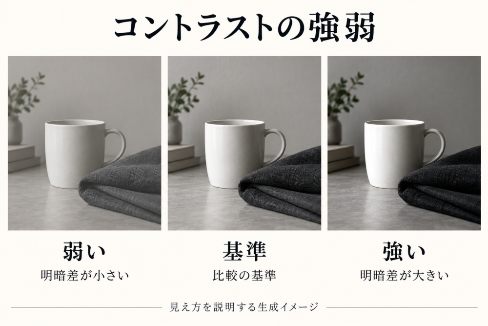 白いカップと暗い布でコントラストの弱い・基準・強いを表した生成比較イメージ