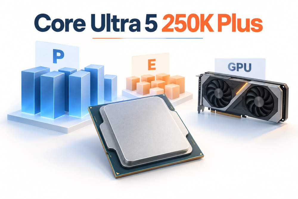 Core Ultra 5 250K Plusの用途を表す生成イメージ：Intel構成でGPU推論と並行作業をしたい人へ