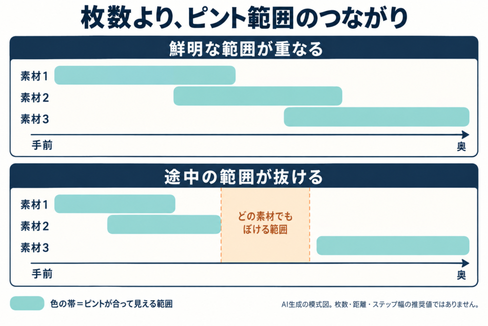 ピント範囲が連続する素材と途中に抜けがある素材の比較