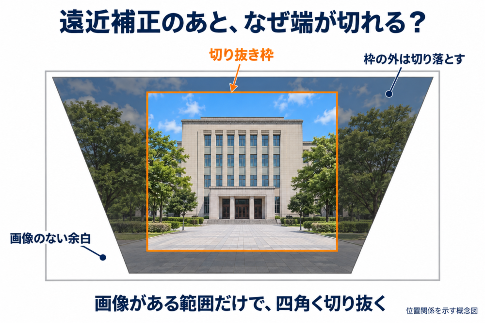変形後の画像に内接する切り抜き枠と、画像のない白い余白の位置関係