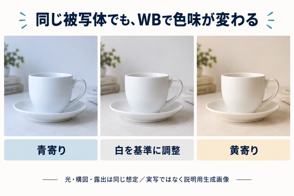 同じ白いカップを青寄り・自然な白・黄寄りに描いたWBの比較イメージ