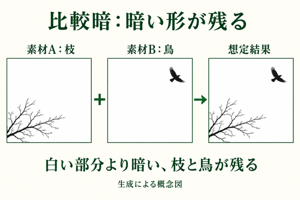 白い背景の枝と鳥の暗い形を比較暗で重ねる想定図