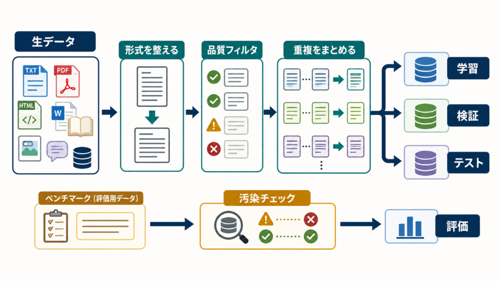 収集した文章を重複除去し、学習用と評価用へ分ける流れ