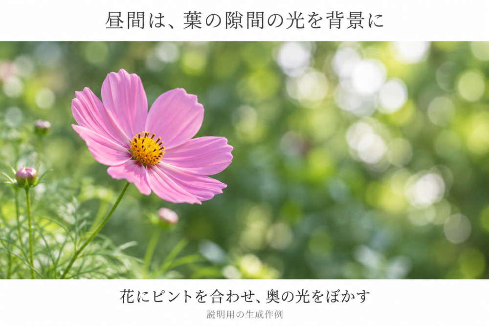 手前の一輪の花にピント、奥の緑の葉の隙間の明るい光が丸い玉ボケになる晴れた公園の生成作例。花を光で隠さない。