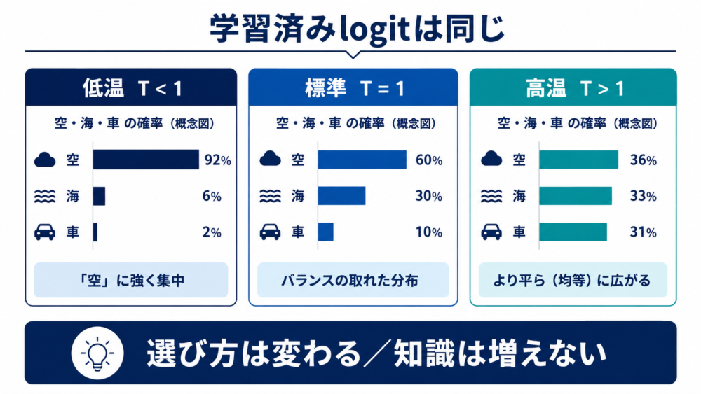 同じlogitへ異なるtemperatureを適用したときの確率分布の違い