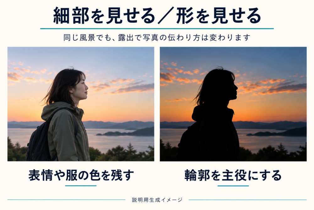 人物の細部を見せる写真と輪郭を見せる写真の概念比較