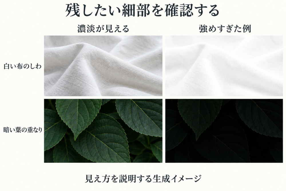白い布のしわと暗い葉の重なりが見える場合と見えづらい場合を表した生成比較イメージ