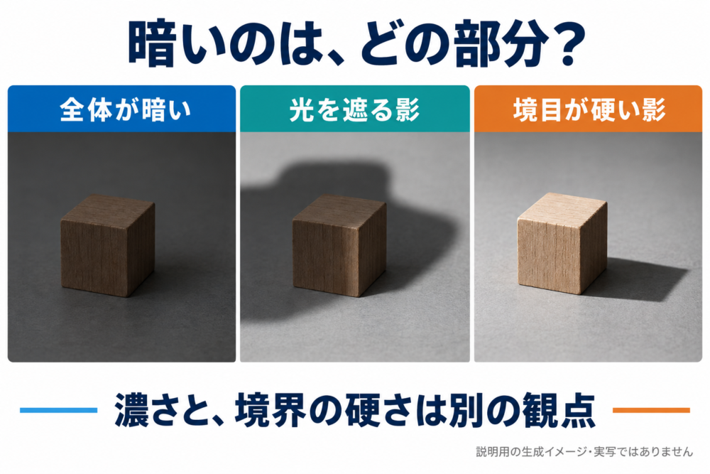 全体の暗さ、光を遮る影、硬い影の3つの見え方を比べる説明図
