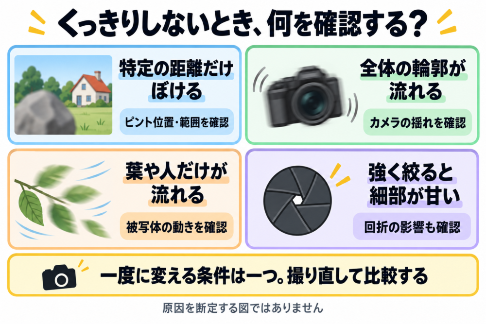 特定距離だけぼける→ピント位置、全体が流れる→カメラの揺れ、葉だけ流れる→被写体の動き、強く絞ると細部が甘い→回折も確認、の4カード。原因を断定しない。