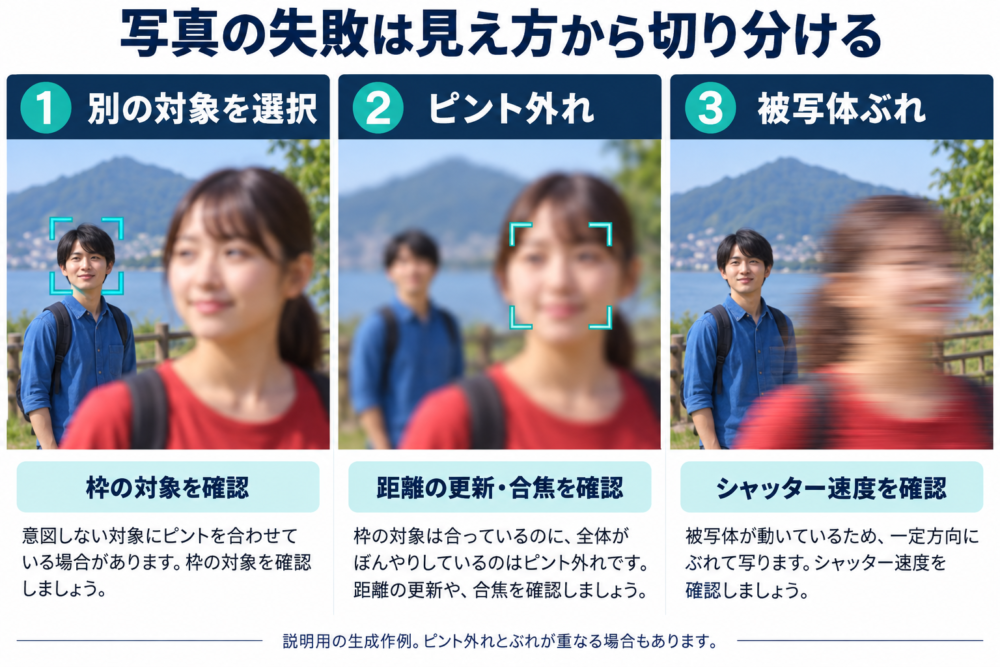別対象の選択、ピント外れ、被写体ぶれの三つの失敗像の違い