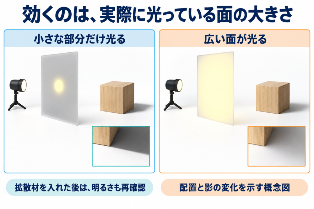 拡散材全体の大きさではなく照らされた面積が重要だと示す図