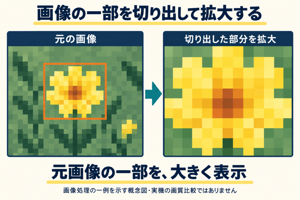 画像の切り出し拡大と光学的な像の大きさの違いを示す概念図