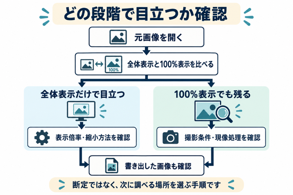 全体表示と100%表示を比べ、書き出し結果まで確認する手順